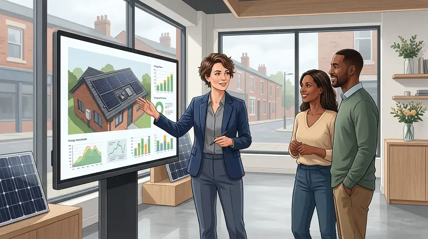Businesswoman explaining solar panel benefits to clients in a showroom.