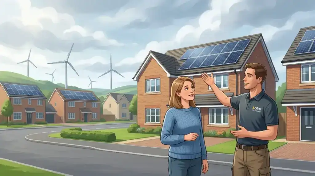 Solar panel installer explaining solar energy benefits to a homeowner.