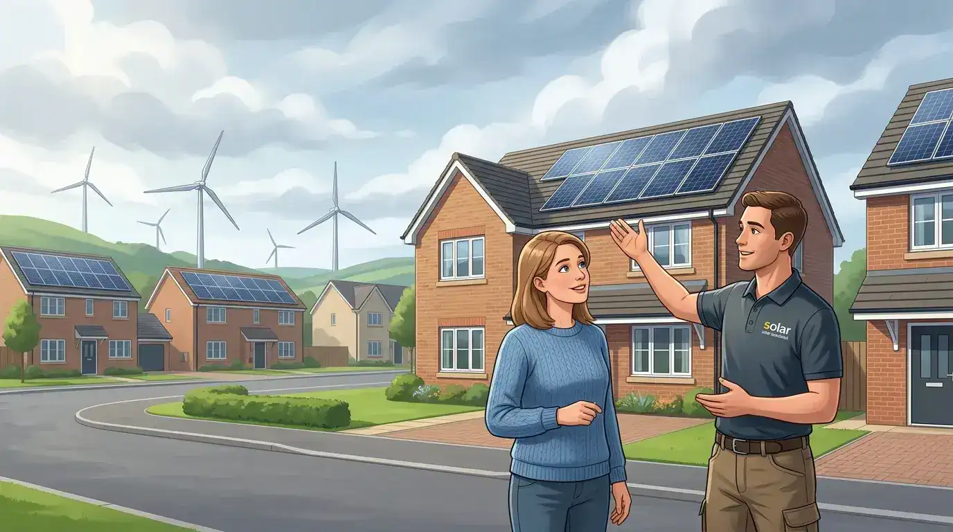 Solar panel installer explaining solar energy benefits to a homeowner.