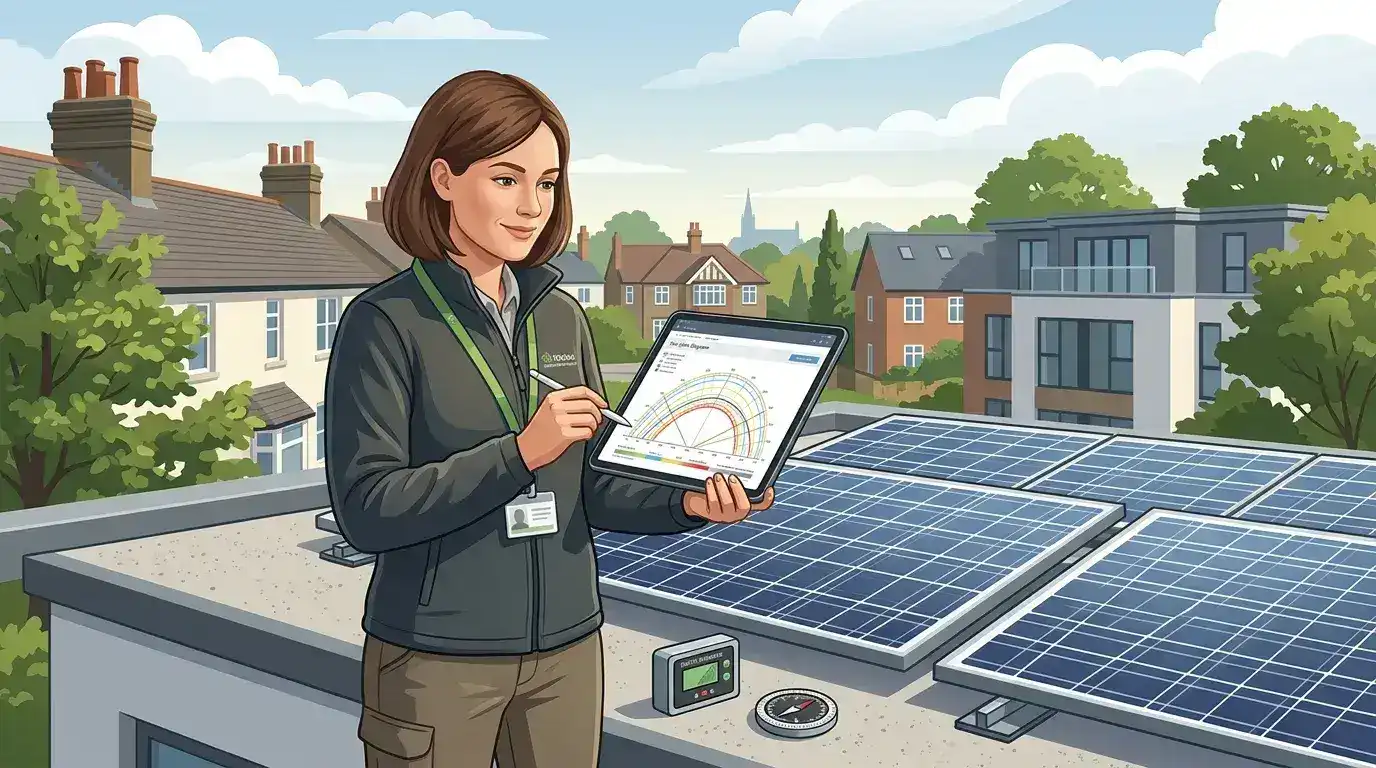 Woman analysing solar shading data on tablet with solar panels in background.