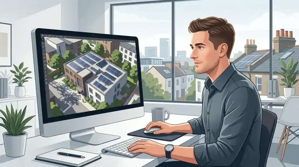 Engineer working on solar shading analysis on desktop computer