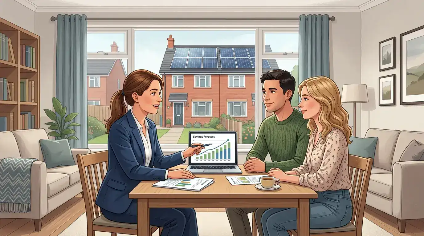 Family discussing solar energy investment with consultant at home.