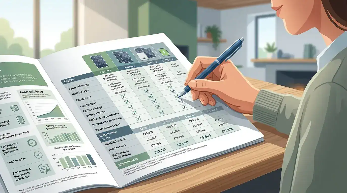 Person reviewing solar panel data and financial analysis in a brochure.
