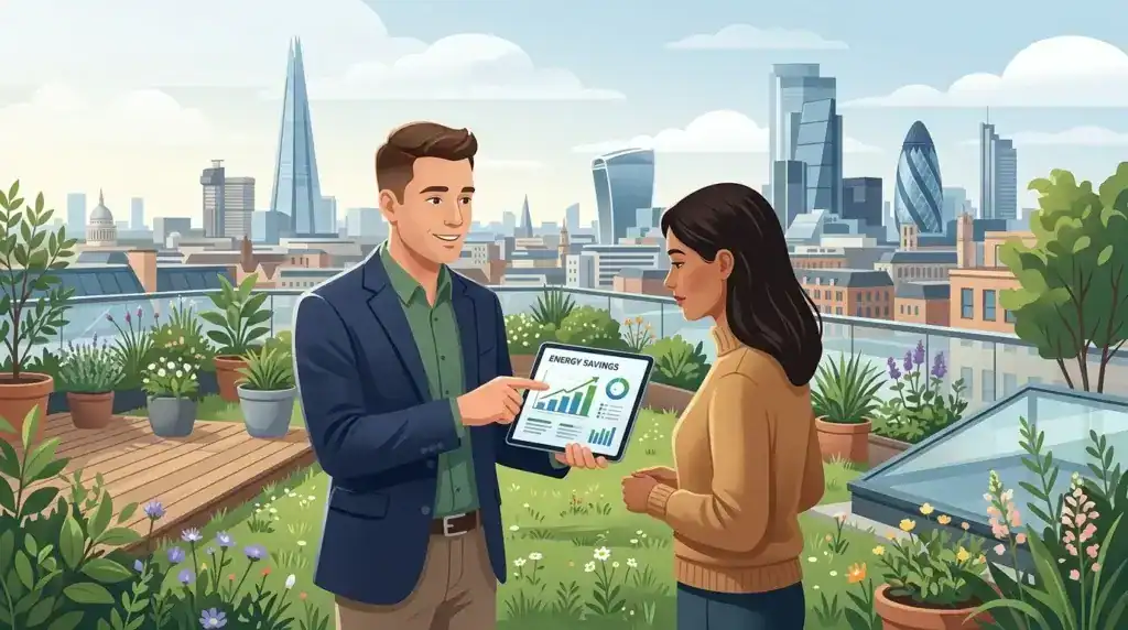 solar consultant discuss energy savings on tablet with client in a park