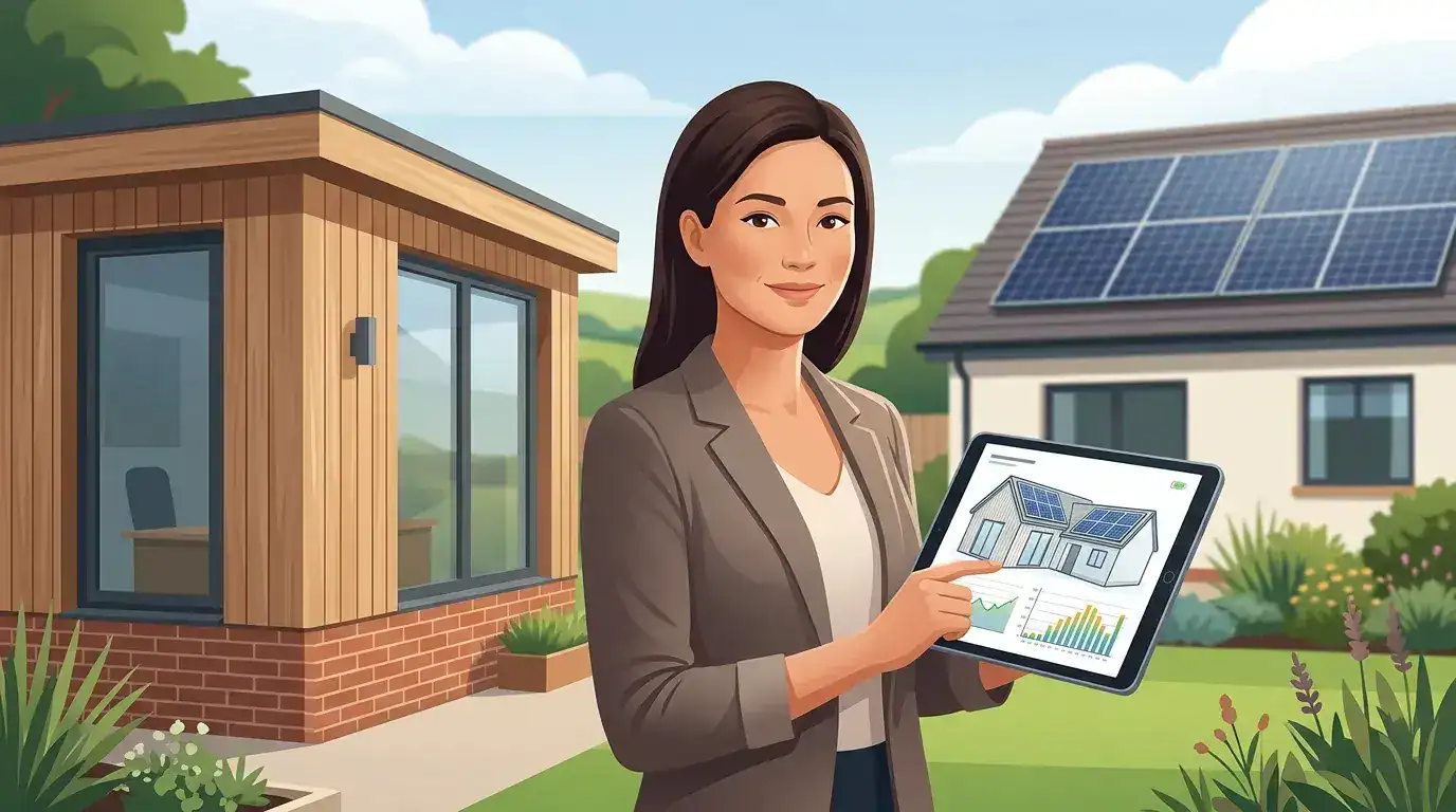 Woman holding tablet showing solar panel design at home.