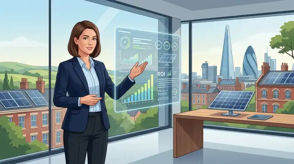 Businesswoman analyzing solar power data in a modern office with city view.