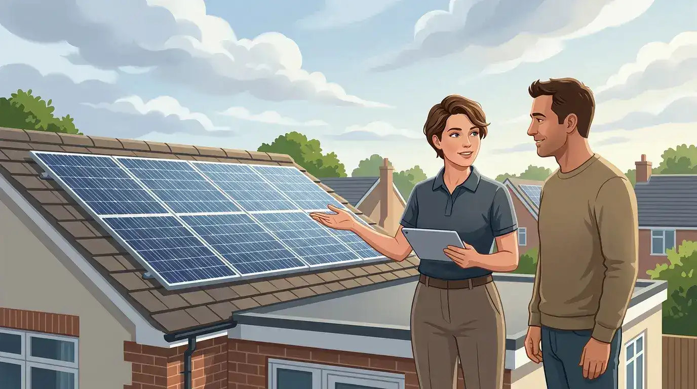 Two professionals discussing solar panels on a residential roof.