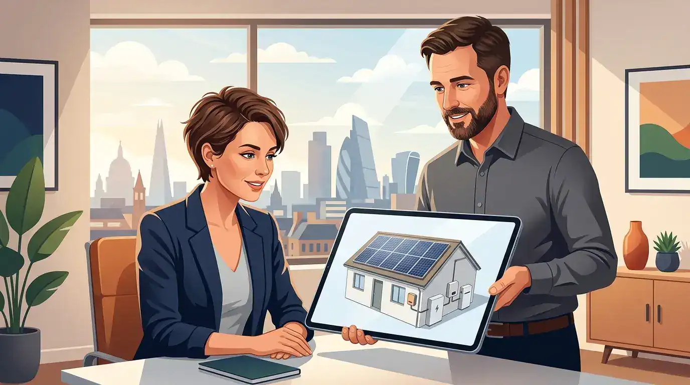 Man showing solar panel house model to woman in office with city view.