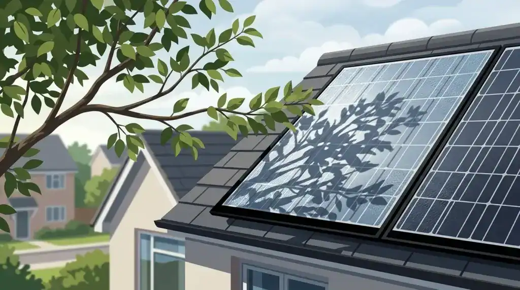 Solar panels affected by shading from nearby tree branches.