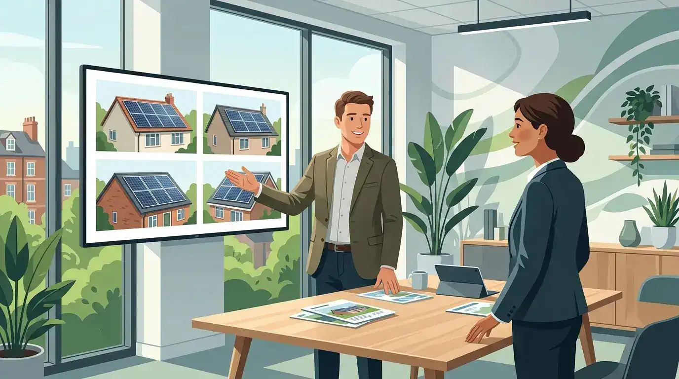Man explaining different solar panel setups to a woman in an office.