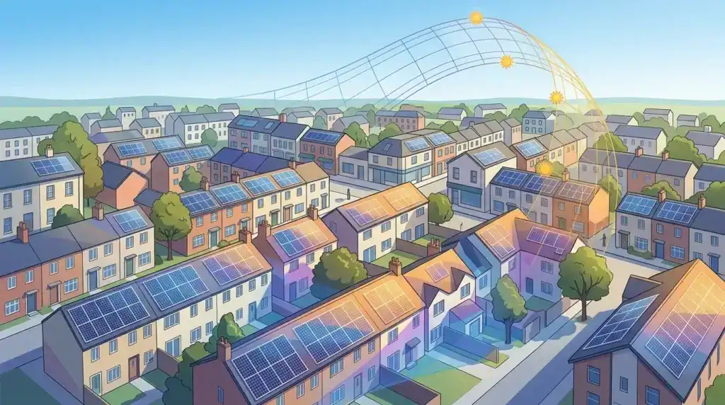 UK residential area with solar panels on rooftops and a digital energy grid overlay.