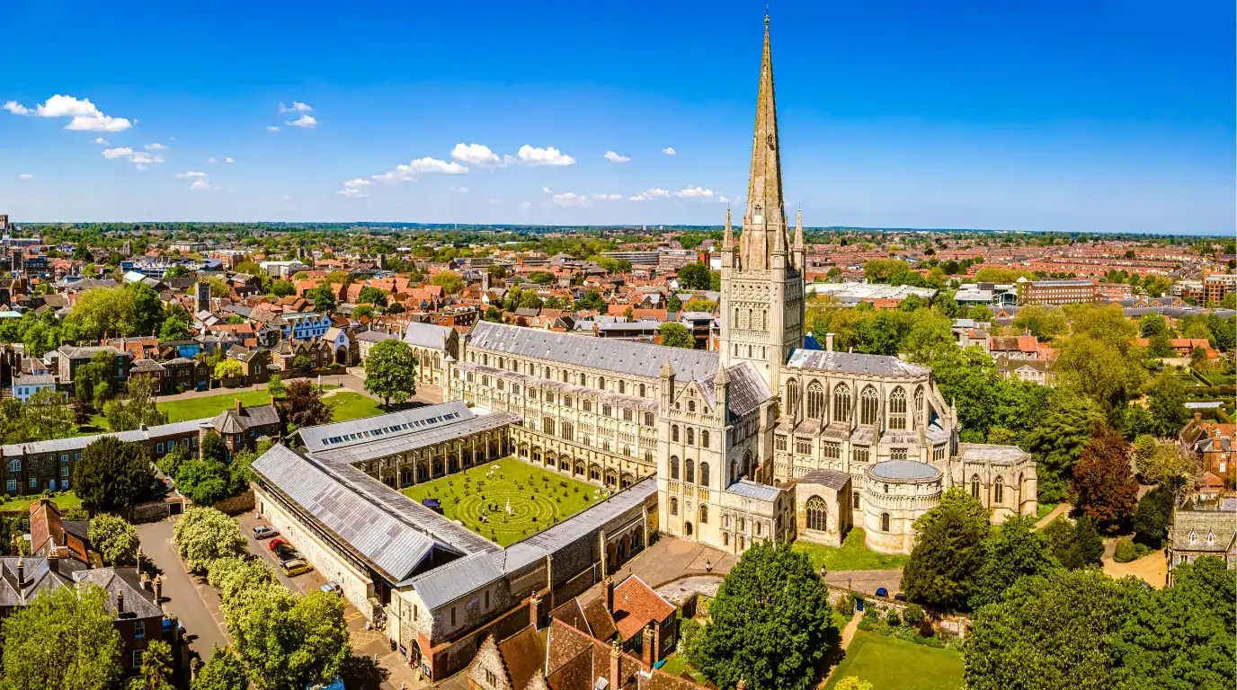 Aerial view of Norwich Cathedral in Norwich, Norfolk, UK