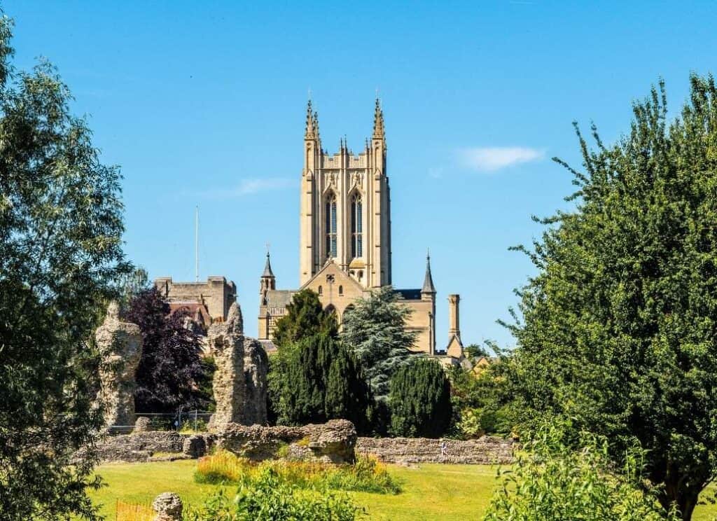 daylight view of Bury St Edmunds Cathedral in Suffolk showing gardens