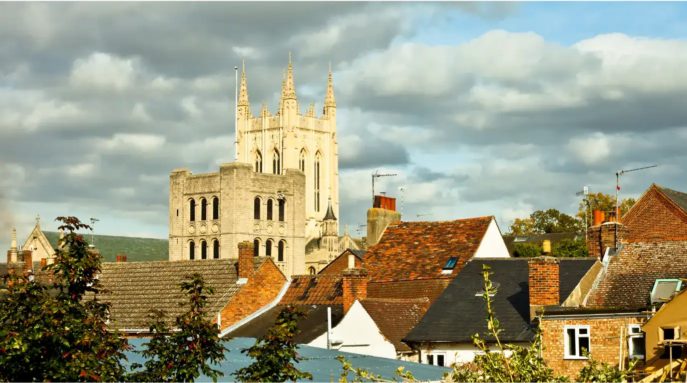 Rooftops and cathedral tower on an autumn day in Bury St Edmunds, Suffolk, UK