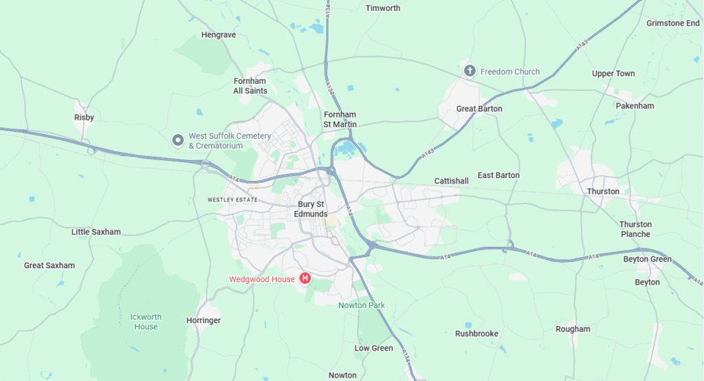 Map of GoSolarUK's solar installer coverage area for homeowners looking for solar panel installers in Bury St Edmunds and West Suffolk