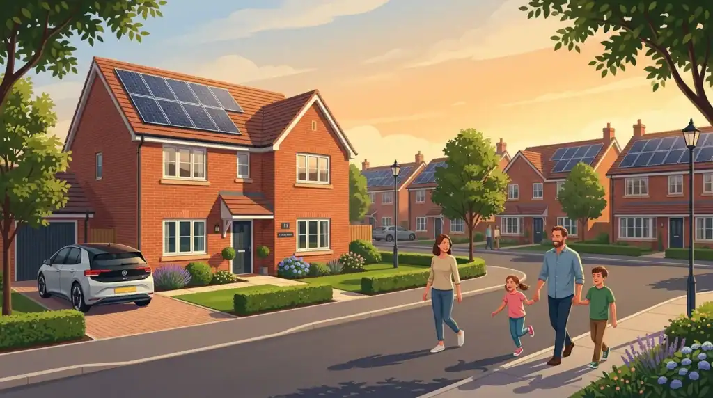 Modern illustration of a quiet UK suburban neighbourhood with rows of detached and semi-detached brick houses. Many roofs feature solar panels, neatly integrated into the architecture.