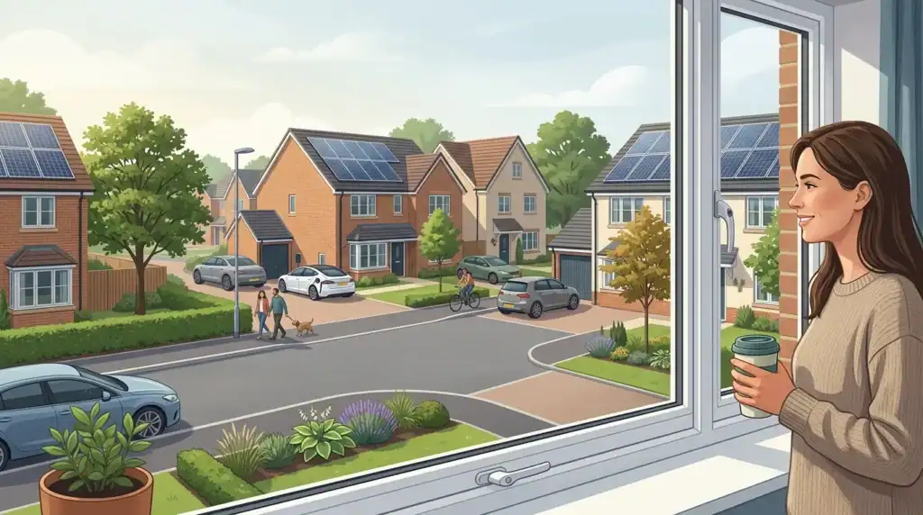 Modern illustration of a view from an upstairs window overlooking a UK residential neighbourhood. Multiple neighbouring houses have rooftop solar panels, with mature trees, parked cars, and tidy gardens throughout the street.